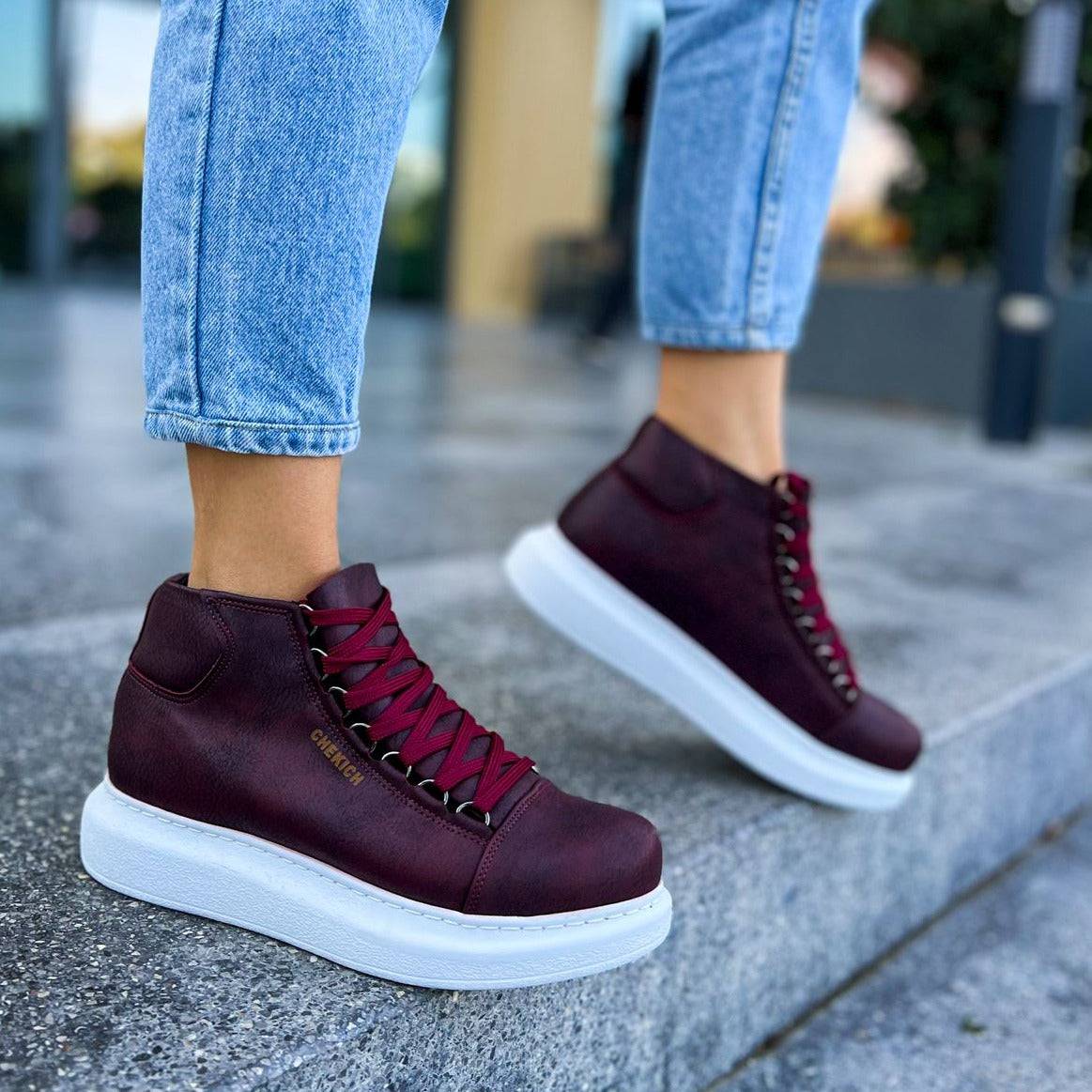 High Top Platform Sneakers for Women by Apollo Moda | Kelly Bordeaux Brilliance