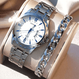 Men Silver Stainless Steel Strap Quartz Watch & 1pc Bracelet
