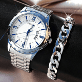 Men Silver Stainless Steel Strap Quartz Watch & 1pc Bracelet - Apollo Moda
